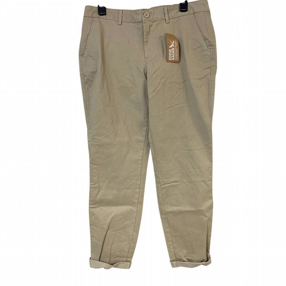 NEW EDDIE BAUER women's stretch cotton legend wash boyfriend pants in tan khaki